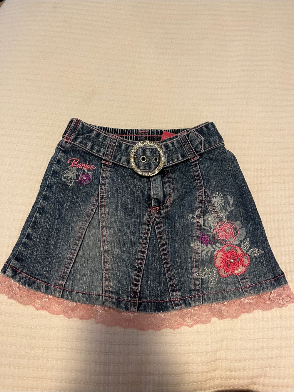 Barbie Dark Denim Mini Skirt with Pink Floral Embroidery and Lace